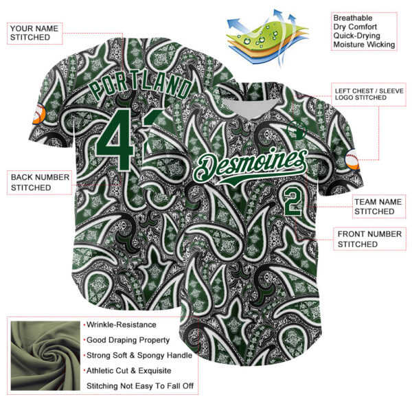Custom Black Green-White Rave Party Ethnic Paisley Bandana Authentic Baseball Jersey
