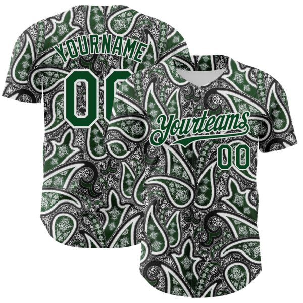 Custom Black Green-White Rave Party Ethnic Paisley Bandana Authentic Baseball Jersey