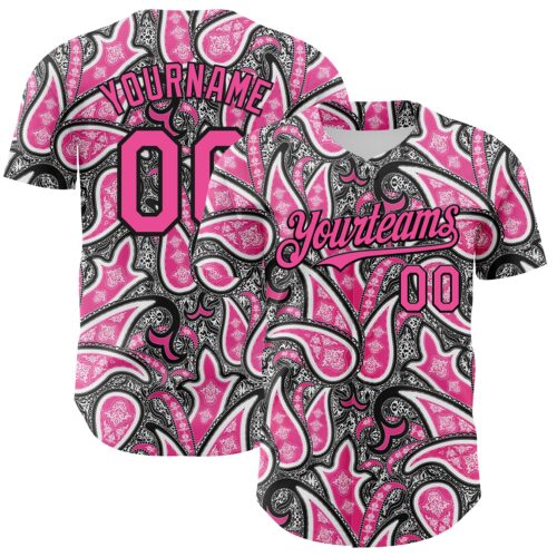 3DPattern8438 Custom Black Pink-White Rave Party Ethnic Paisley Bandana Authentic Baseball Jersey