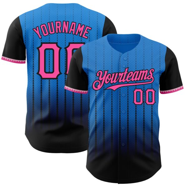 Custom Electric Blue Pink-Black 3D Pattern Design Gradient Geometric Shape Authentic Baseball Jersey