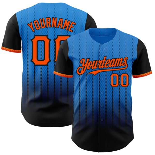 Custom Electric Blue Orange-Black 3D Pattern Design Gradient Geometric Shape Authentic Baseball Jersey