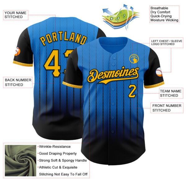 Custom Electric Blue Gold-Black 3D Pattern Design Gradient Geometric Shape Authentic Baseball Jersey