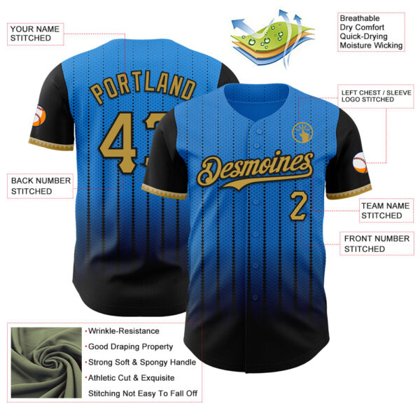 Custom Electric Blue Old Gold-Black 3D Pattern Design Gradient Geometric Shape Authentic Baseball Jersey