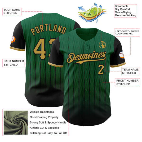 Custom Kelly Green Old Gold-Black 3D Pattern Design Gradient Geometric Shape Authentic Baseball Jersey