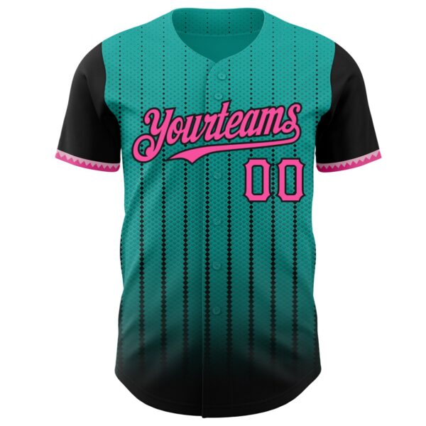 Custom Aqua Pink-Black 3D Pattern Design Gradient Geometric Shape Authentic Baseball Jersey