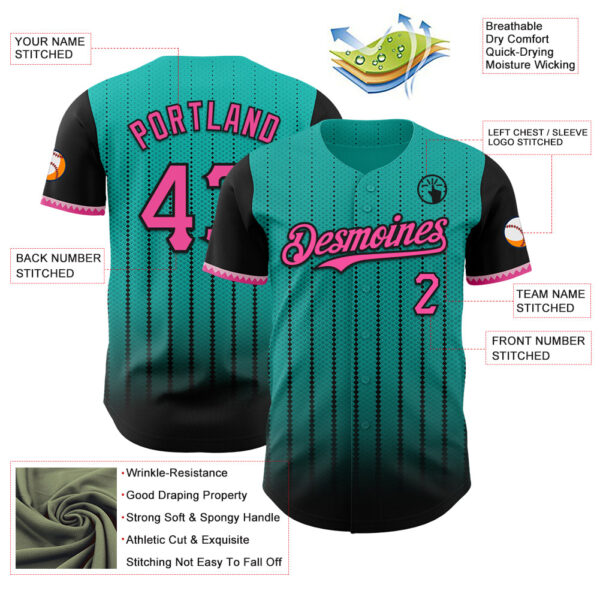 Custom Aqua Pink-Black 3D Pattern Design Gradient Geometric Shape Authentic Baseball Jersey