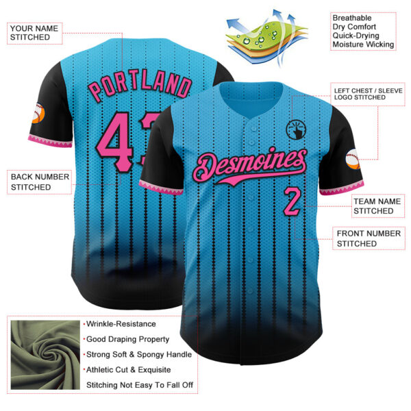 Custom Sky Blue Pink-Black 3D Pattern Design Gradient Geometric Shape Authentic Baseball Jersey