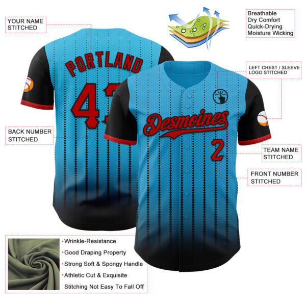 Custom Sky Blue Red-Black 3D Pattern Design Gradient Geometric Shape Authentic Baseball Jersey