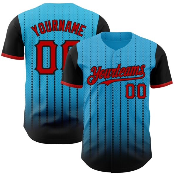 Custom Sky Blue Red-Black 3D Pattern Design Gradient Geometric Shape Authentic Baseball Jersey