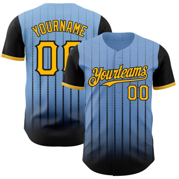 Custom Light Blue Gold-Black 3D Pattern Design Gradient Geometric Shape Authentic Baseball Jersey