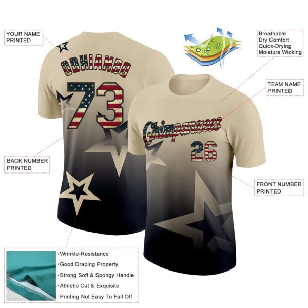 Custom Cream Vintage USA Flag-Black 3D Pattern Design Gradient Style Twinkle Star Performance T-Shirt