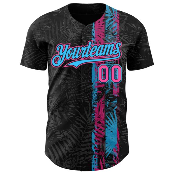 Custom Black Pink-Sky Blue Hawaii Tropical Palm Leaves Authentic Baseball Jersey