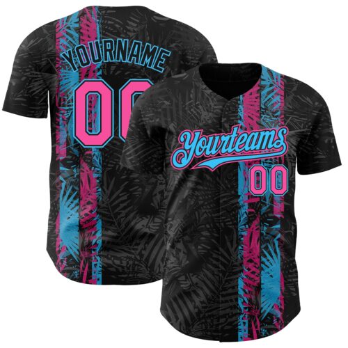 3DPattern8818 Custom Black Pink-Sky Blue Hawaii Tropical Palm Leaves Authentic Baseball Jersey