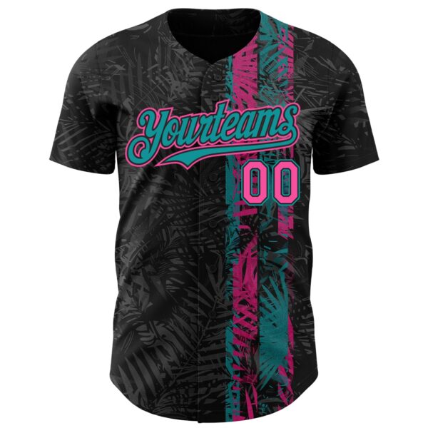 Custom Black Pink-Teal Hawaii Tropical Palm Leaves Authentic Baseball Jersey