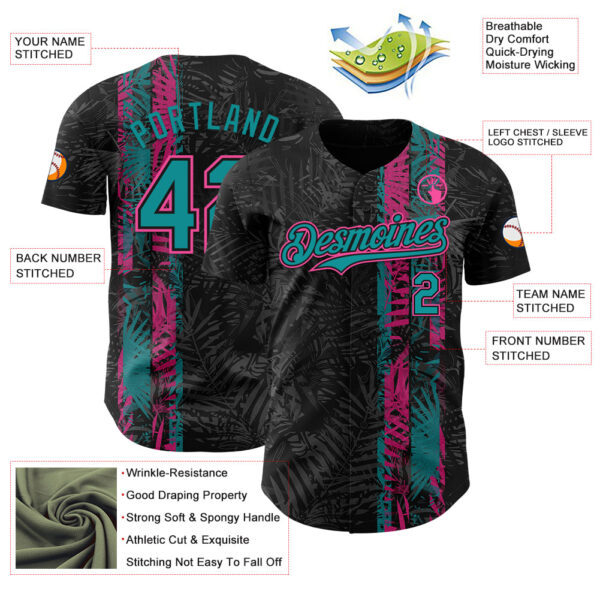 Custom Black Pink-Teal Hawaii Tropical Palm Leaves Authentic Baseball Jersey