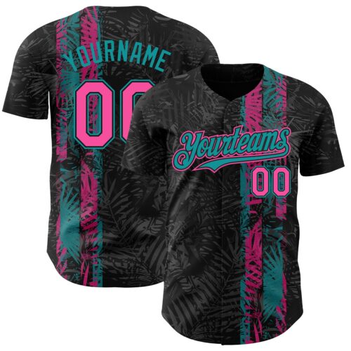 3DPattern8820 Custom Black Pink-Teal Hawaii Tropical Palm Leaves Authentic Baseball Jersey
