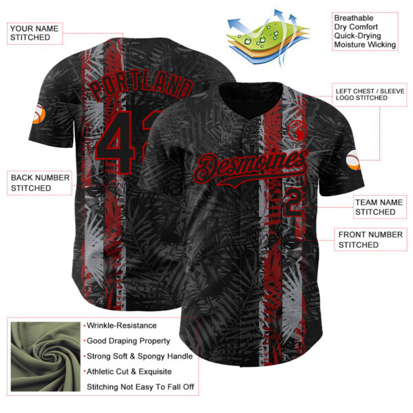 Custom Black Red Hawaii Tropical Palm Leaves Authentic Baseball Jersey