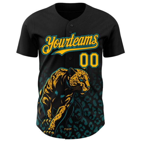 Custom Black Yellow-Teal Gradient Leopard Print Authentic Baseball Jersey