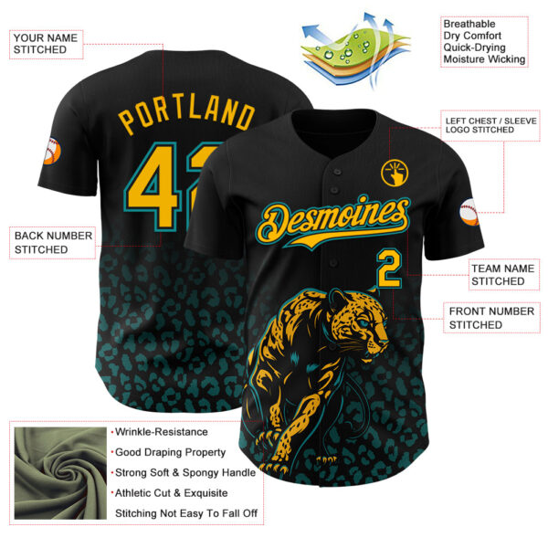 Custom Black Yellow-Teal Gradient Leopard Print Authentic Baseball Jersey
