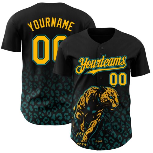 Custom Black Yellow-Teal Gradient Leopard Print Authentic Baseball Jersey