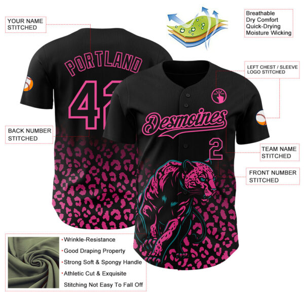 Custom Black Pink Gradient Leopard Print Authentic Baseball Jersey