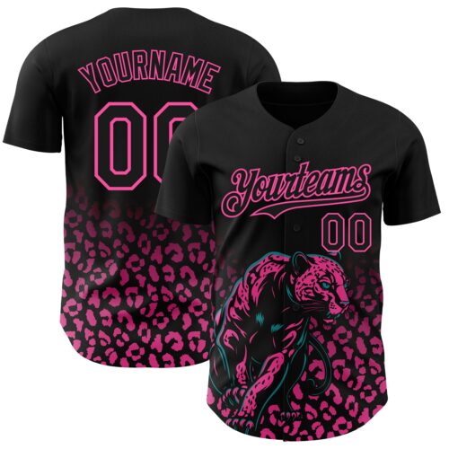 Custom Black Pink Gradient Leopard Print Authentic Baseball Jersey