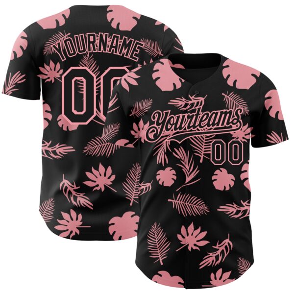 Custom Black Medium Pink Hawaii Palm Leaves Authentic Baseball Jersey