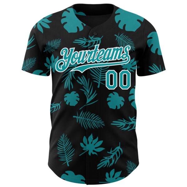 Custom Black Teal-White Hawaii Palm Leaves Authentic Baseball Jersey