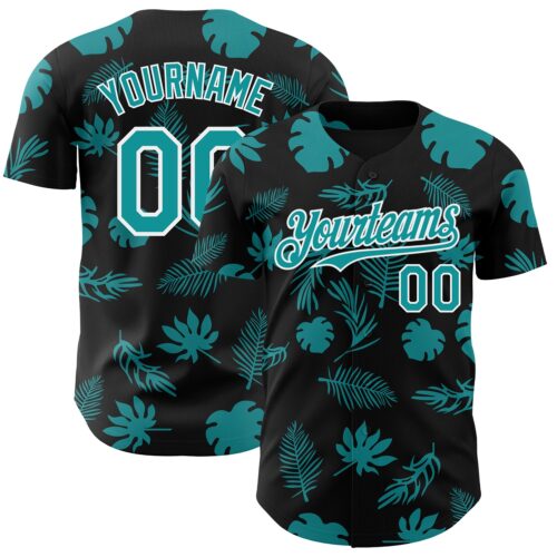 3DPattern8833 Custom Black Teal-White Hawaii Palm Leaves Authentic Baseball Jersey