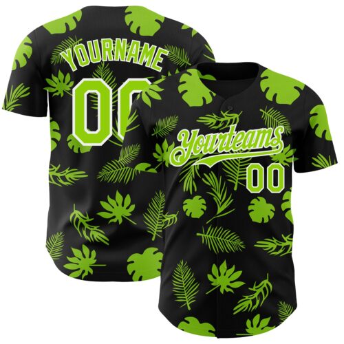 3DPattern8834 Custom Black Neon Green-White Hawaii Palm Leaves Authentic Baseball Jersey