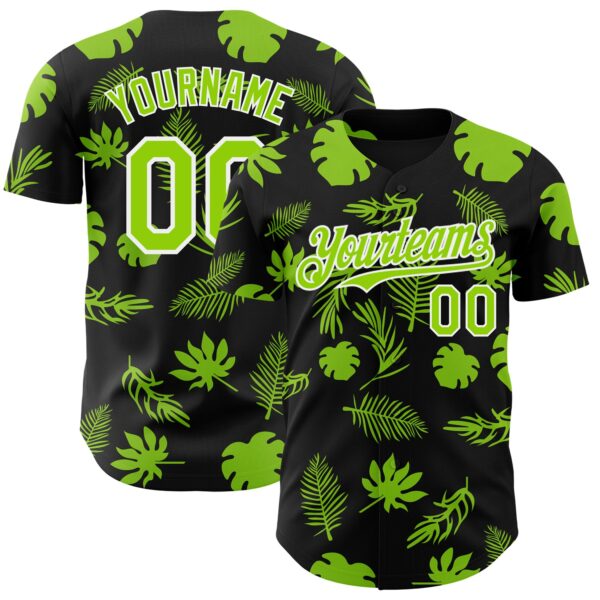 Custom Black Neon Green-White Hawaii Palm Leaves Authentic Baseball Jersey