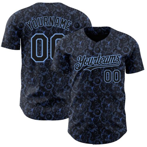 Custom Black Light Blue Flower Authentic Baseball Jersey