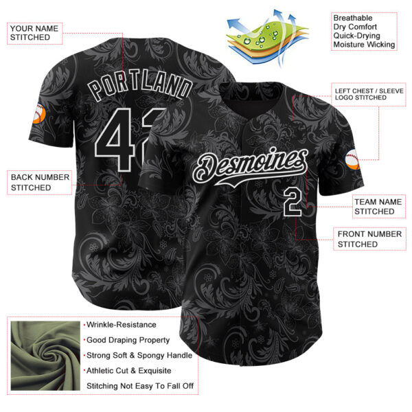 Custom Black White Flower Authentic Baseball Jersey