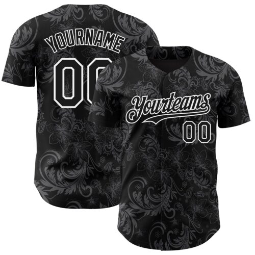 Custom Black White Flower Authentic Baseball Jersey