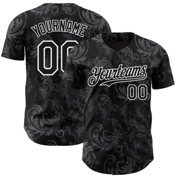 Custom Black White Flower Authentic Baseball Jersey