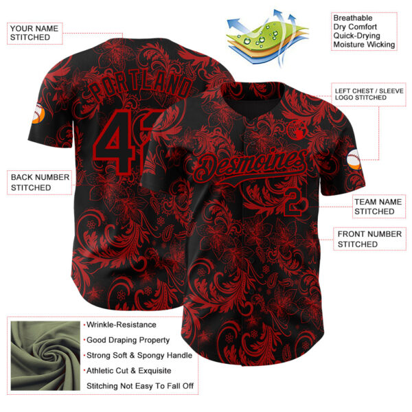 Custom Black Red Flower Authentic Baseball Jersey