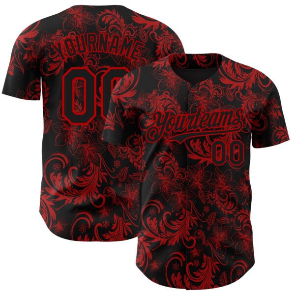 Custom Black Red Flower Authentic Baseball Jersey