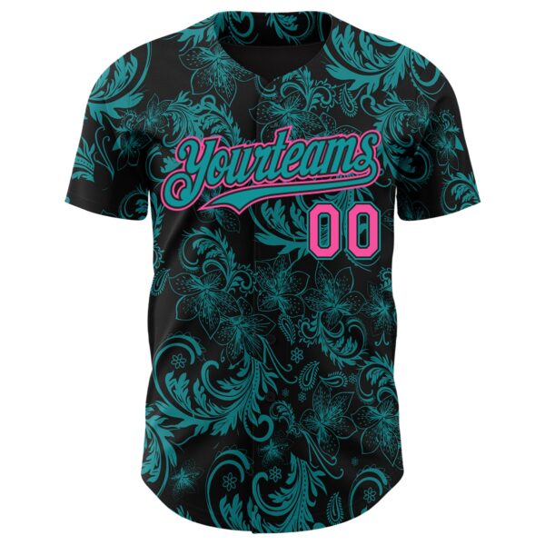 Custom Black Pink-Teal Flower Authentic Baseball Jersey