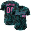 Custom Black Pink-Teal Flower Authentic Baseball Jersey