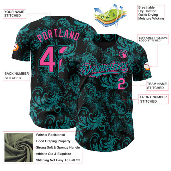 Custom Black Pink-Teal Flower Authentic Baseball Jersey