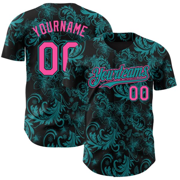 Custom Black Pink-Teal Flower Authentic Baseball Jersey