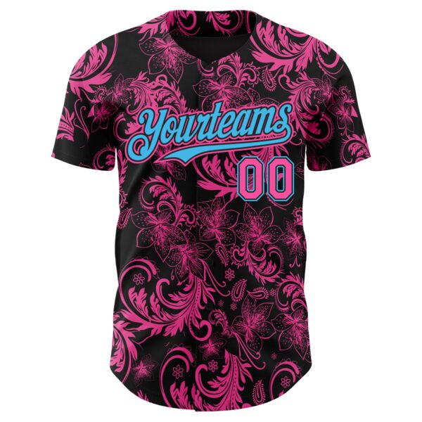 Custom Black Pink-Sky Blue Flower Authentic Baseball Jersey