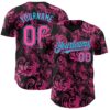 Custom Black Pink-Sky Blue Flower Authentic Baseball Jersey
