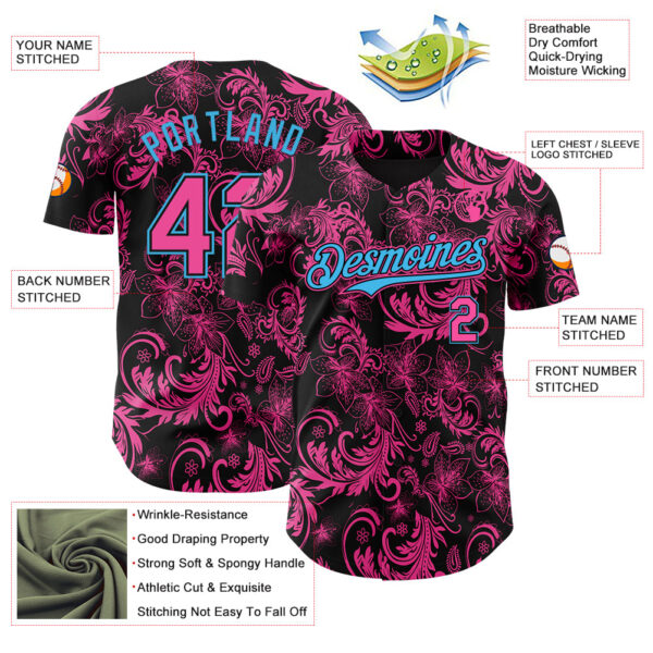 Custom Black Pink-Sky Blue Flower Authentic Baseball Jersey