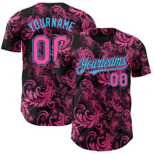 Custom Black Pink-Sky Blue Flower Authentic Baseball Jersey