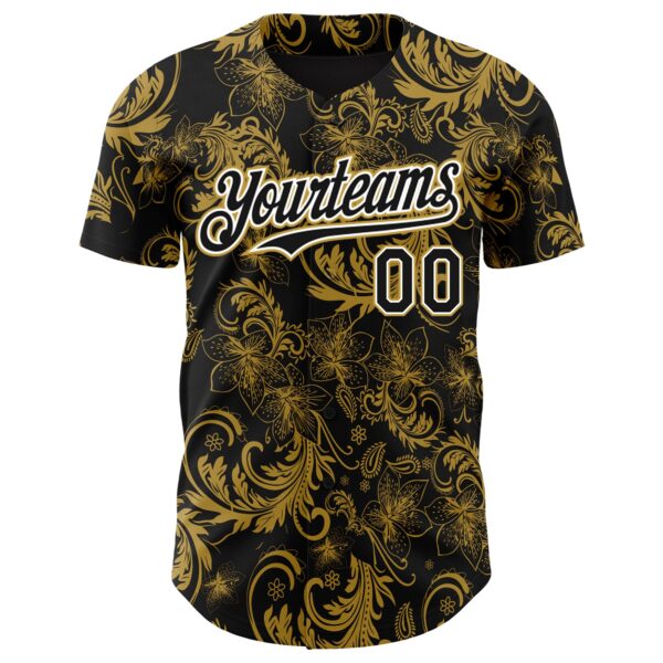 Custom Black Old Gold-White Flower Authentic Baseball Jersey