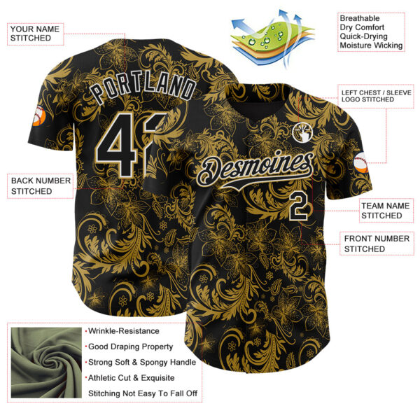 Custom Black Old Gold-White Flower Authentic Baseball Jersey