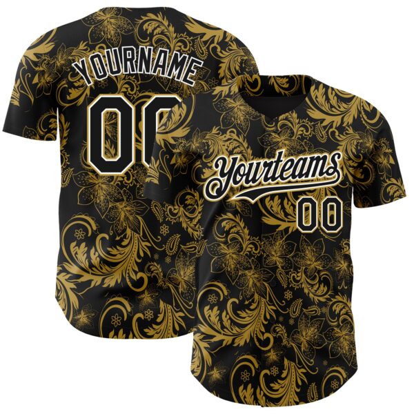Custom Black Old Gold-White Flower Authentic Baseball Jersey