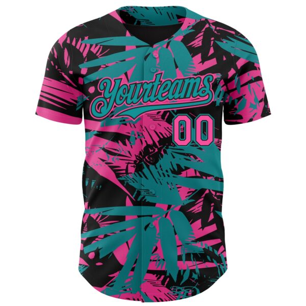 Custom Black Pink-Teal Hawaii Palm Leaves Authentic Baseball Jersey