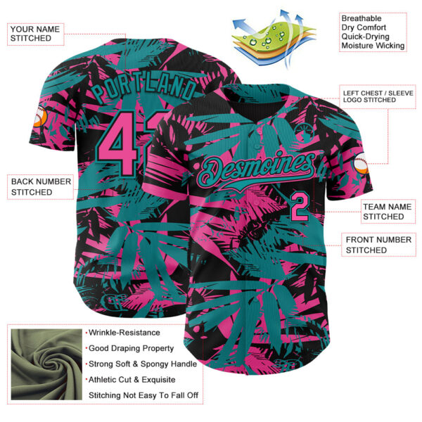 Custom Black Pink-Teal Hawaii Palm Leaves Authentic Baseball Jersey